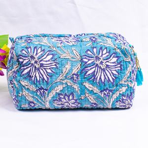 Estuche de viaje compacto acolchado de algodón con estampado de bloques hecho a mano indio, conjunto de bolsa de maquillaje de moda para mujer pequeña, PC al por mayor con cremallera - Product Image 4