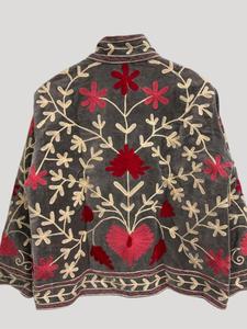 Vintage <b>Women's</b> <b>Velvet</b> Suzani Embroidered <b>Jacket</b> With Floral Threadwork Pattern Full Sleeve Stand Collar Boho Soft Winter Coat - Product Image 3