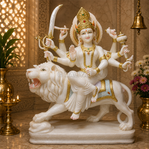 Estatua de Durga Maa en mármol sobre león blanco |   Murti de Durga Mata de Ocho Brazos con Espada y Arco por MALIYAS Jaipur India - Product Image 1