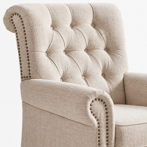 Elegante Sillón Beige con Respaldo de Orejas, Brazos Enrollados, Detalles de Tachuelas, Asiento Acolchado y Patas de Madera Oscura para Decoración del Hogar - Product Image 5