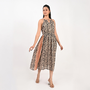 Robe midi à imprimé floral, col halter, coupe trapèze, sans manches, en coton, décontractée, pour l'été, avec taille naturelle, plissée et évasée - Product Image 2