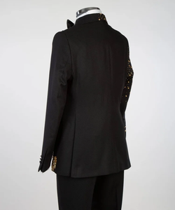 Costume de mariage noir et or brodé pour homme, blazer de créateur ajusté pour le marié avec broderie florale faite à la main pour réceptions et soirées - Product Image 5