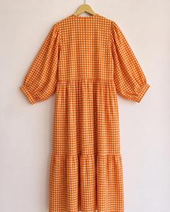 Orange <b>Plaid</b> Maxi <b>Dress</b> With Puff Sleeves Turn-Down Collar Loose Fit Tiered Hem Casual Summer Style 100% Cotton Woven Fabric - Product Image 3