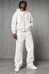 <b>White</b> Tracksuit Hoodie <b>Jogger</b> Pants Geometric Applique Streetwear Unisex Adult Autumn Full Length Zipper Front Pockets Custom - Product Image 3