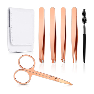 Stainless Steel Slanted Tip Eyebrow Tweezers Set Hair Removal Makeup <b>Tool</b> Kit with <b>Leather</b> Case - Product Image 1