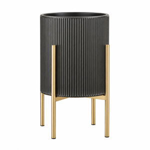 Jardinière d'intérieur moderne en métal côtelé avec support doré |   Grand pot de fleurs décoratif pour salon, hôtel, maison, jardin, décoration intérieure - Product Image 1