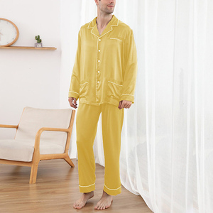Ensemble de vêtements de nuit en soie pour hommes, pyjama à manches longues, couleur unie, vêtements de nuit de luxe en soie pour hommes, ensemble de vêtements de maison respirants - Product Image 3