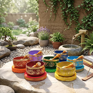 Seven chakra Singing Bowl <b>Set</b>-<b>Colourful</b> Tibetan bowl <b>set</b> with wooden Mallet and Cushion-meditation sound Bowl - Product Image 4