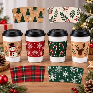 Manchons de tasses à café en papier kraft biodégradables écologiques pour Noël, impression numérique, bonhomme de neige, rennes, flocons de neige - Product Image 1