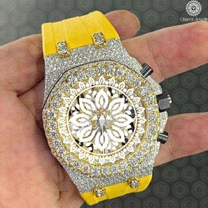 Charm Jewells Men's Luxury Yellow Gold <b>Watch</b> 42mm Irregular <b>Case</b> Diamond Encrusted Analog Quartz Hollow Out Silicone Band - Product Image 1