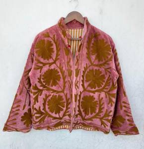 Custom <b>Women</b> Pink Velvet Suede Suzani Embroidery Jacket Vintage Stand Collar Floral Embroidered Boho Folk Warm Outerwear <b>Coat</b> - Product Image 3