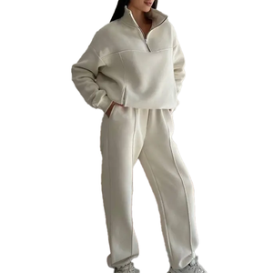 Ensemble de survêtement décontracté pour femme avec sweat à capuche demi-zippé et pantalon de jogging, couleur unie, manches longues, coupe oversize, longueur cheville - Product Image 2