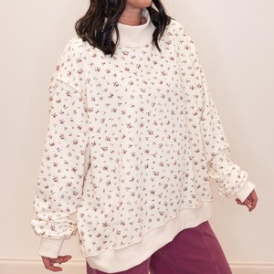 Custom New Design <b>Women</b> Oversized Floral Print Mock Neck <b>Sweatshirt</b> Pullover Heavyweight Drop Shoulder <b>Long</b> Sleeve <b>Sweatshirts</b> - Product Image 2
