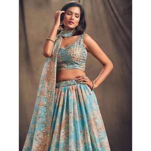 Lehenga Choli semi-cousu en organza imprimé floral bleu ciel de Zeel Clothing pour les festivals - Product Image 3