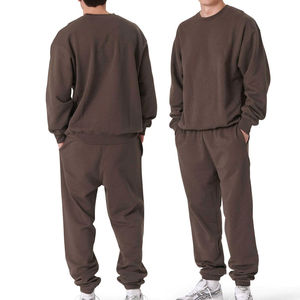 Ensemble de survêtement en coton marron pour homme, col rond, pantalon de jogging, couleur unie, coupe décontractée, vêtements d'automne, longueur intégrale avec poches latérales - Product Image 2