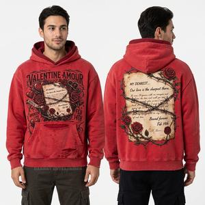 Wholesale Cyan Blue Garment Dye Hoodie Steampunk Mechanical Heart Graphic Sweatshirt <b>Men</b> Retro Distressed Wash <b>Pullover</b> Factory - Product Image 5