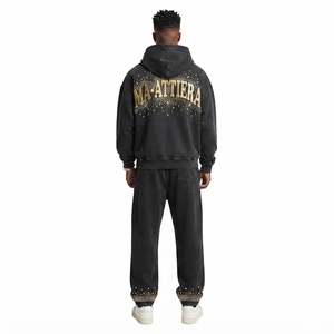 Conjunto de Sudadera con Capucha y Pantalones Deportivos Personalizados para Hombre, con Pedrería Negra, Cierre de Cremallera, Felpa de Algodón, Ropa Deportiva Urbana, Venta al Por Mayor OEM - Product Image 2