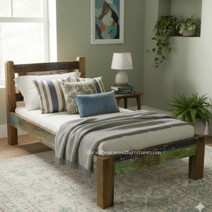 Lit simple en bois de bateau récupéré, démontable, avec tête de lit, couleur naturelle, écologique, durable, meuble artisanal pour chambre à coucher - Product Image 5