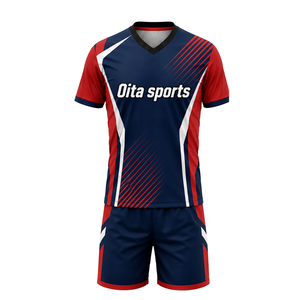 Ensemble de maillot et short de volley-ball bleu marine, rouge et blanc, à manches courtes, sublimé, personnalisé pour équipe, tenue de tournoi - Product Image 2