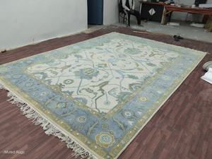 Alfombra Antideslizante de Lana y Algodón Tejida a Mano, Diseño Abstracto, Pelo Corto y Fino, Color Verde Pastel Oushak, para Sala de Estar - Product Image 5