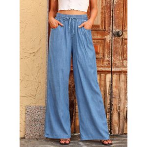 2025 2025 été femmes taille haute bleu clair cordon Denim pantalon jambe large jean en taille 6 haut - Product Image 5