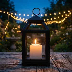 Classic <b>Black</b> Iron Glass <b>Lantern</b> <b>with</b> Pillar <b>Candle</b> Holder Hanging Decorative <b>Lantern</b> for Home Decor Living Room Bedroom - Product Image 6