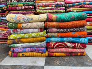 <b>Vintage</b> Printed Cotton Kantha <b>Quilt</b> Twin Size 55x85 Inches Handmade Hand-Stitched Eco-Friendly Washable Bohemian Indian - Product Image 3