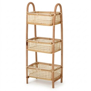 Scallop rattan three tier basket <b>shelf</b> hand weave organizer stand for bathrooms & bedrooms - Product Image 5