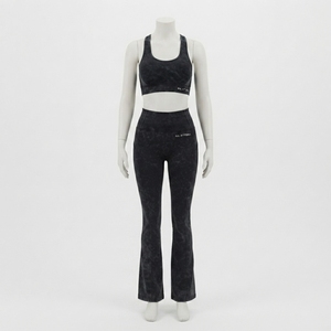 Women Black Acid Wash Yoga Set Racerback <b>Crop</b> Sports Bra High Waist Flare <b>Leggings</b> Gym Fitness Workout Activewear - Product Image 1