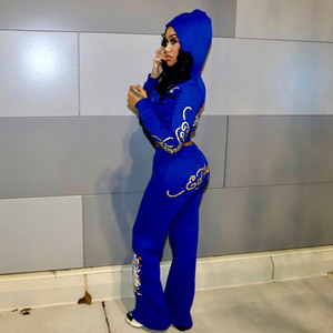 Ensemble de survêtement en coton biologique Y2K avec logo imprimé DTF personnalisé, sweat à capuche zippé en velours et pantalon large pour femme, style streetwear - Product Image 4