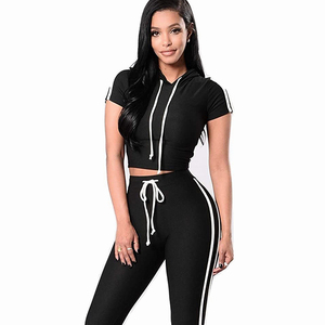 Camiseta Corta con Capucha para Mujer, Manga Corta, Corte Ajustado, 100% Algodón, Transpirable, a Rayas, Informal, para Calle, Gimnasio - Product Image 1