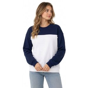 Sudaderas de Mujer con Paneles en Contraste de Tela Cómoda, Color Azul Marino y Blanco, Cuello de Felpa de Algodón Cepillado, Manga Caída - Product Image 2