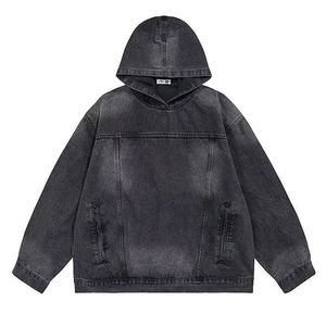 Veste à capuche pour homme en denim noir écologique coupe-vent réversible décontractée avec finition délavée et poches, coupe régulière, pour l'automne - Product Image 3