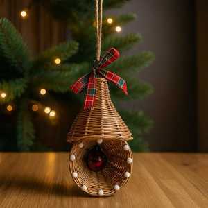 Ornement cloche en rotin fait main avec ruban à carreaux, décoration suspendue, artisanat traditionnel d'intérieur, cadeau de Noël par Curio Craft - Product Image 1
