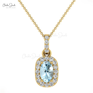 Oem & Odm Supplier Natural 7x5mm Oval Shape Aquamarine <b>Pendant</b> 14k <b>Solid</b> <b>Gold</b> Diamond Halo Necklace Fast Shipping Jewelry - Product Image 1
