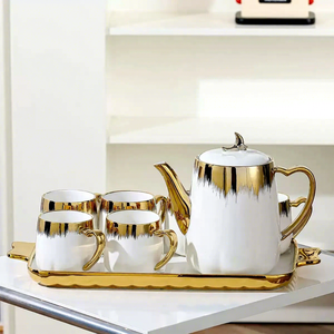 Juego de Té de Porcelana Europea de Lujo, Tazas, Tetera, Bandeja, Blanco con Borde Dorado y Plateado, Resistente a la Decoloración, Libre de BPA, Ecológico - Product Image 1