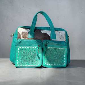 Turquoise Genuine <b>Leather</b> <b>Soft</b> <b>Bag</b> With Cowhide Panel And Embossed Pockets Fashion Women's Daily Multi-Functional Handbag - Product Image 5