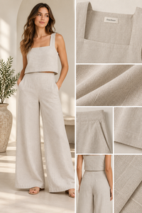 Ensemble pantalon d'été tissé de qualité supérieure - Haut court élégant sans manches beige et pantalon décontracté moderne - Product Image 6