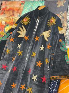 Black Embroidered Velvet Kimono Coat Handcrafted Long <b>Duster</b> Jacket Boho Statement Outerwear Festival Wear Summer 100% Cotton - Product Image 4