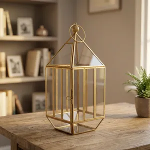 Artisan Design Square <b>Brass</b> <b>Lantern</b> with Glass Panels and Candle Holder for Home Decoration Handmade Unique Design - Product Image 2