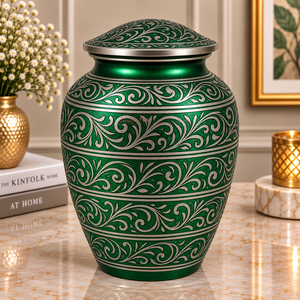 Urne funéraire de luxe en métal vert avec des motifs botaniques argentés faits à la main, des bandes décoratives et un couvercle en dôme élégant - Product Image 1