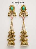Anting Jhumka Kashmiri Zirkon Hijau Pink Berlapis Emas Antik, Bentuk Bunga Mutiara Imitasi Etnik Tradisional