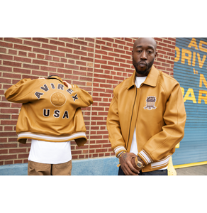 Avirex <b>Men's</b> Tan <b>Leather</b> Bomber <b>Jacket</b> Embroidered Patch Front Zipper Turn-down Collar Regular Fit Casual Style - Product Image 4