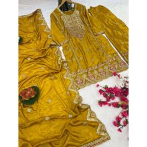Hermoso conjunto de salwar kameez de seda con top, pantalón y dupatta elegante para fiestas - Product Image 2