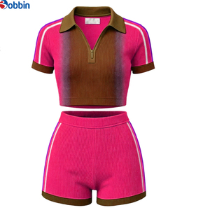 <b>Top</b> Trending Hot Selling Hip Hop Women's Sporty 2 Pcs Set Gradient Color Rib Knit Crop <b>Top</b> With Shorts Short Sleeve Summer Wear - Product Image 6