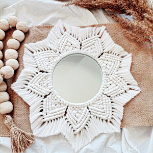 Espejo de Pared de Macramé Bohemio Blanco, Espejo de Vidrio Hecho a Mano con Cuerda de Algodón, Decoración para Sala de Estar, Diseño Geométrico Redondo - Product Image 5