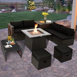 Elegante juego de sofá de ratán PE negro con cojines impermeables y mesa de vidrio para balcón o patio trasero - Product Image 2