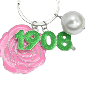 Ensemble de porte-clés AKA en argent avec fleur rose perlée et breloque verte 1908 Alpha Kappa Alpha, breloque de sac à main, cadeau rose et vert - Product Image 4