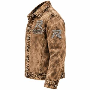 Veste en jean délavé pour homme, imprimé léopard, logo à paillettes, col rabattu décontracté, coupe classique, style automne - Product Image 3