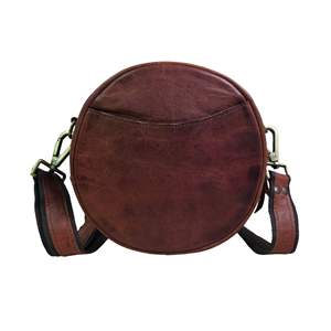 Women’s Genuine Leather Circular Crossbody <b>Bag</b> – Small Round Shoulder Purse, Adjustable <b>Strap</b>, Brown - Product Image 1